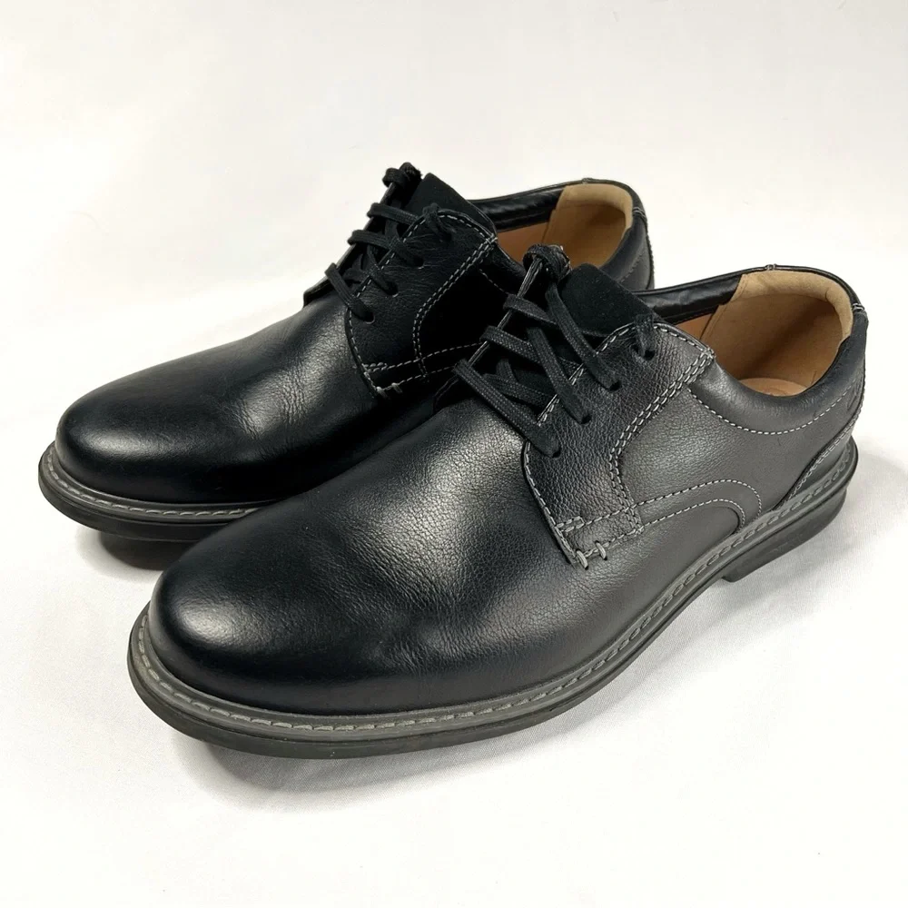 Clarks Size 10.5 Wide Black Rendell Lace Up Oxford Dress Shoes